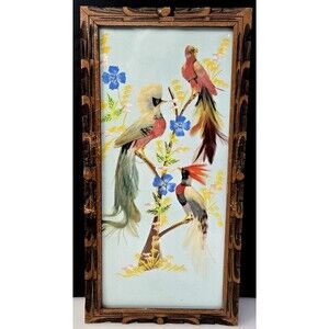 Mexican Feather Craft Bird Pheasant Real Feather Art Hand Painted Framed Vintage